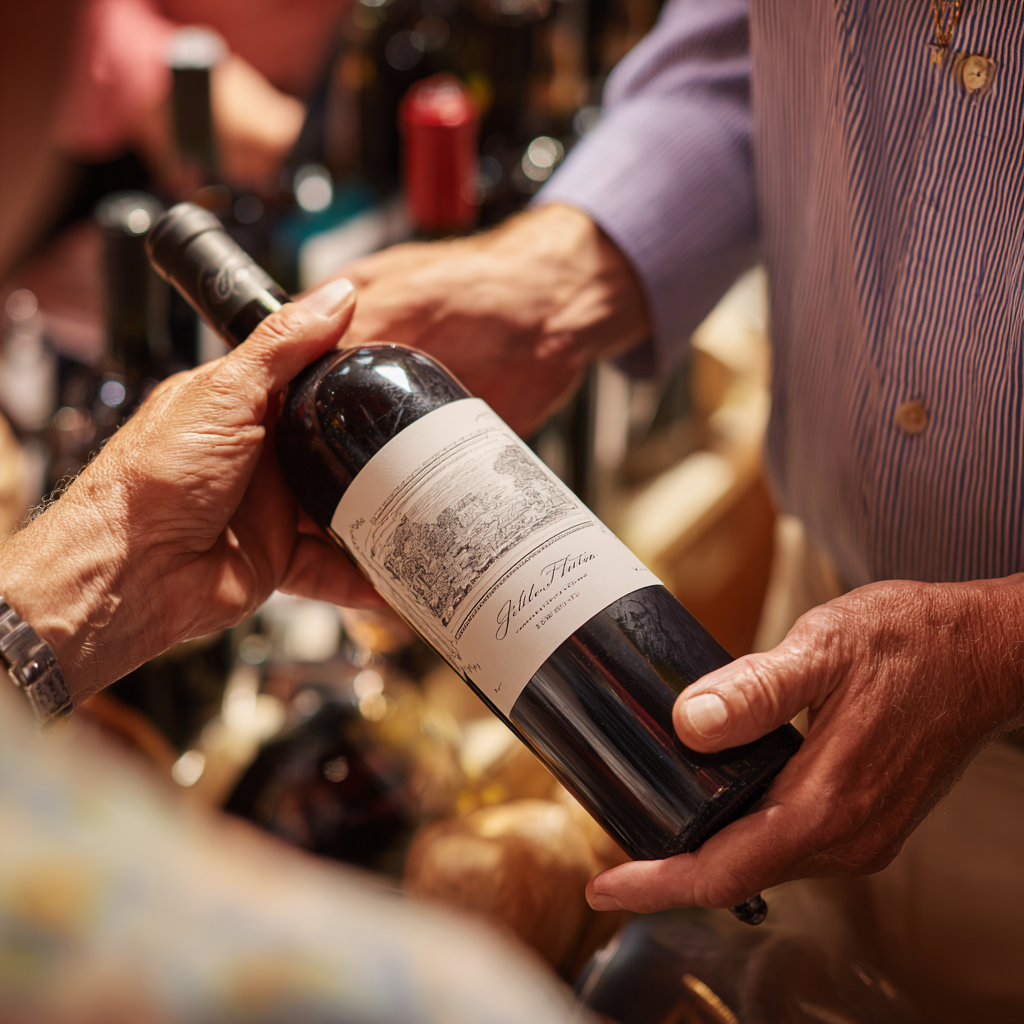 Hands holding a wine bottle while browsing options at the store