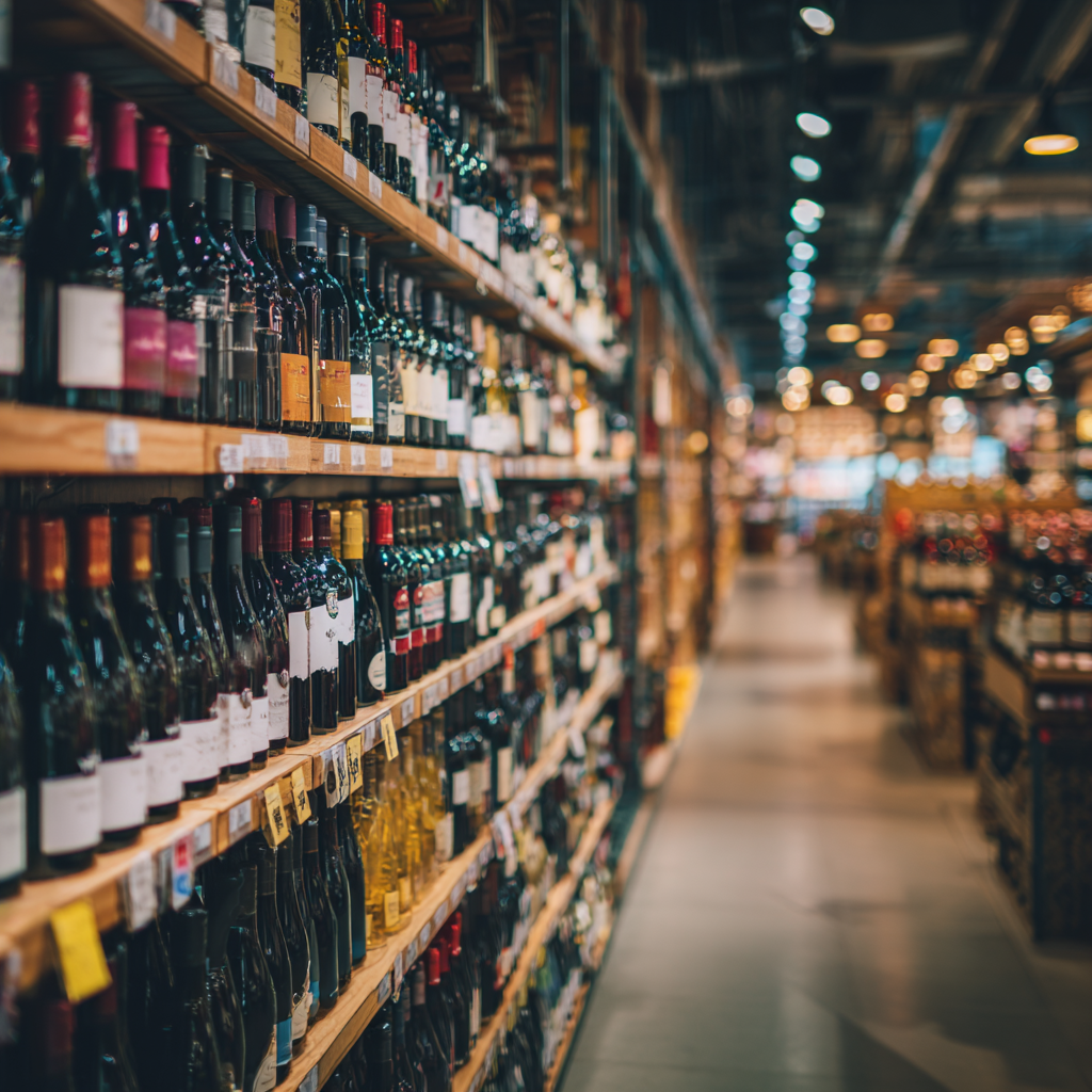 Long aisle of wine bottles on shelves in well-lit store, representing the overwhelming wine selection shoppers often face.