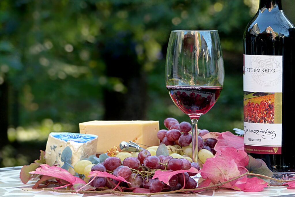 A close-up of a red wine tasting setup with a glass of red wine, cheese, grapes, and a wine bottle arranged outdoors on a table