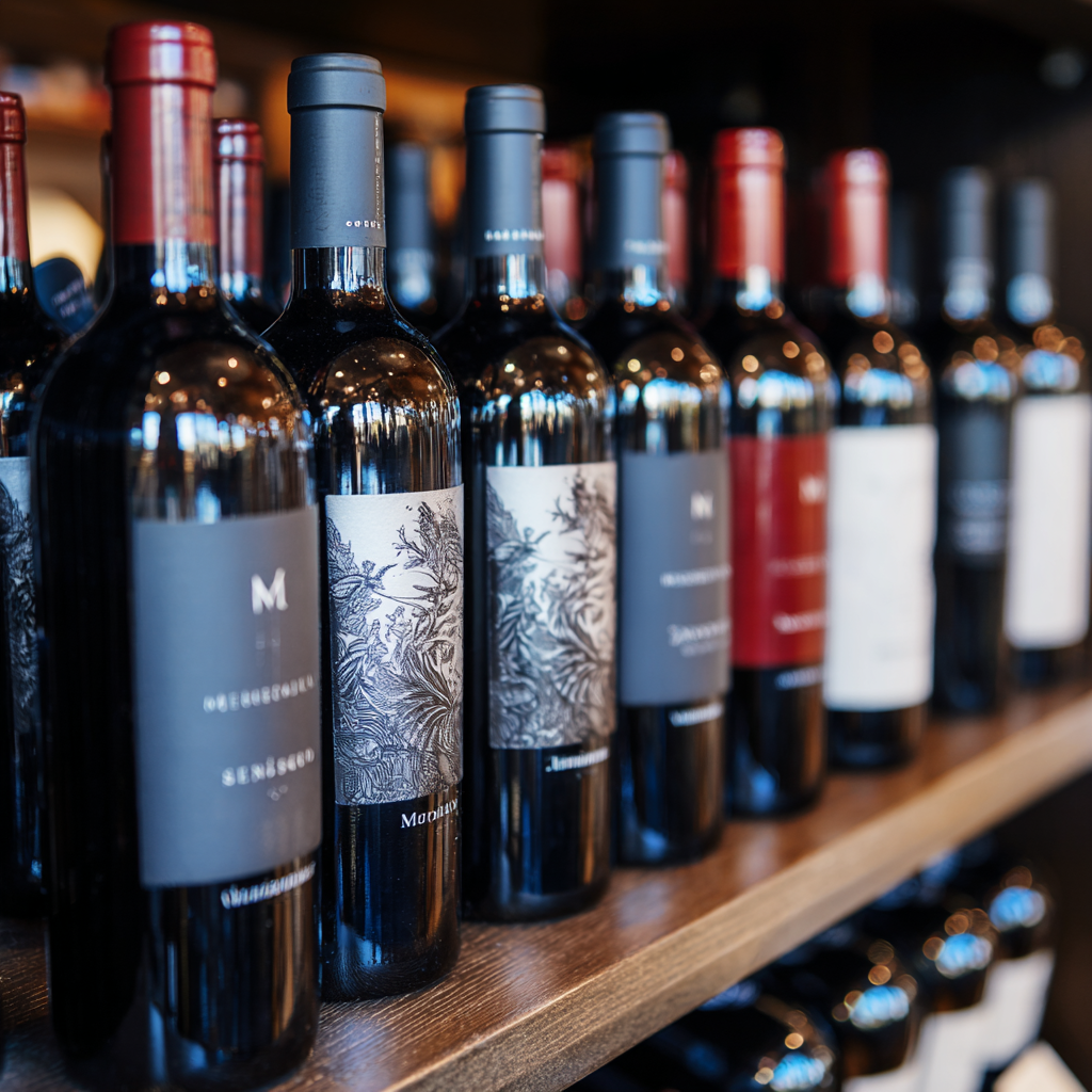 Close-up of assorted red wine bottles on a shelf featuring a variety of wine labels, ideal for showcasing different wine varietals.