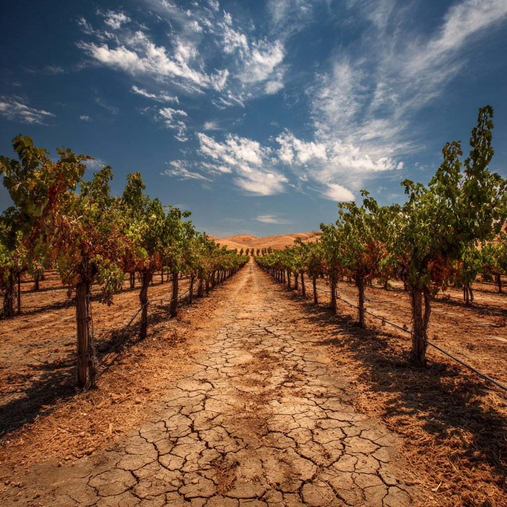 Drought-stressed vineyard in California under a bright blue sky with cracked soil and dry vines.
