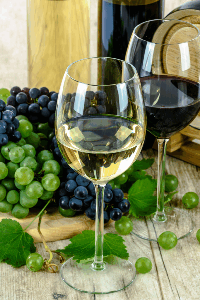 Two glasses of red and white wine on a rustic table with grapes.