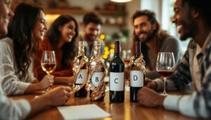 A group of friends laughs together at a table during a fun wine tasting with four labeled bottles and glasses of red and white wine.